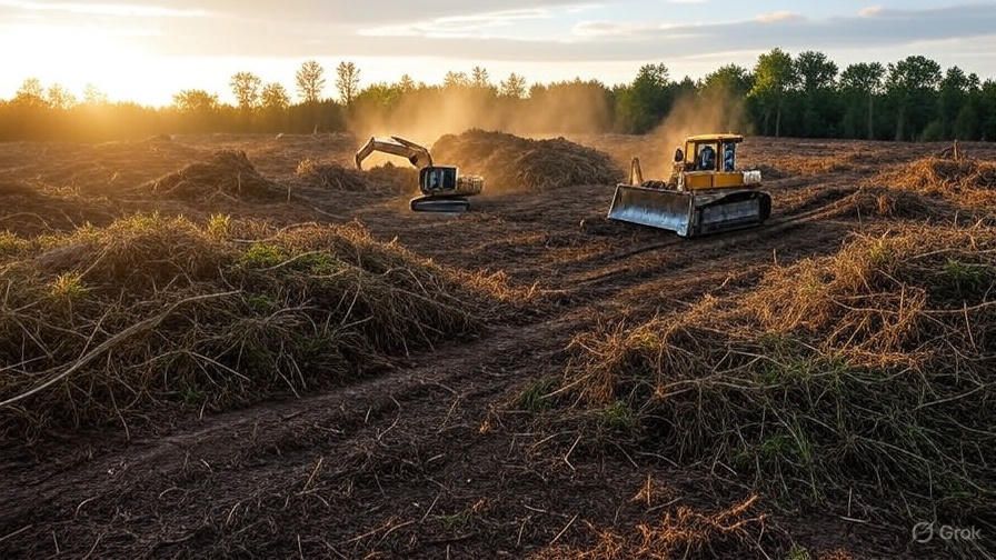 Excavator and bulldozer beside brush piles at sunset